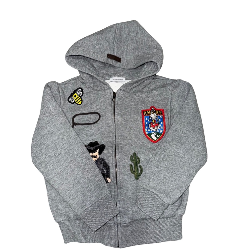 Dolce & Gabbana Kids Grey Patch Full Zip Hoodie Sweatshirt Size 4 Normcore Heavy